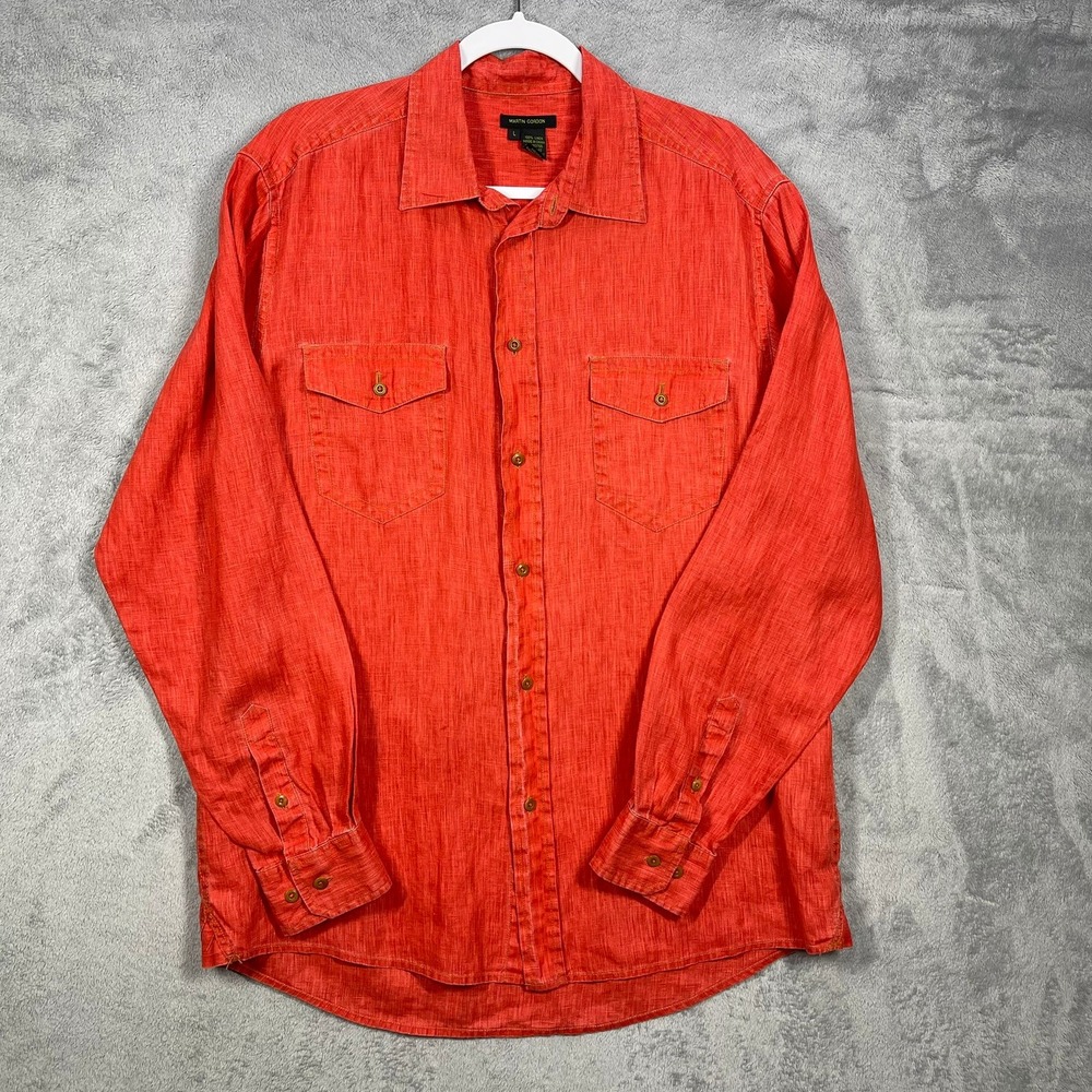 Martin Gordon Linen Button Down Mens Large Orange Red Dual Pocket Long Sleeve